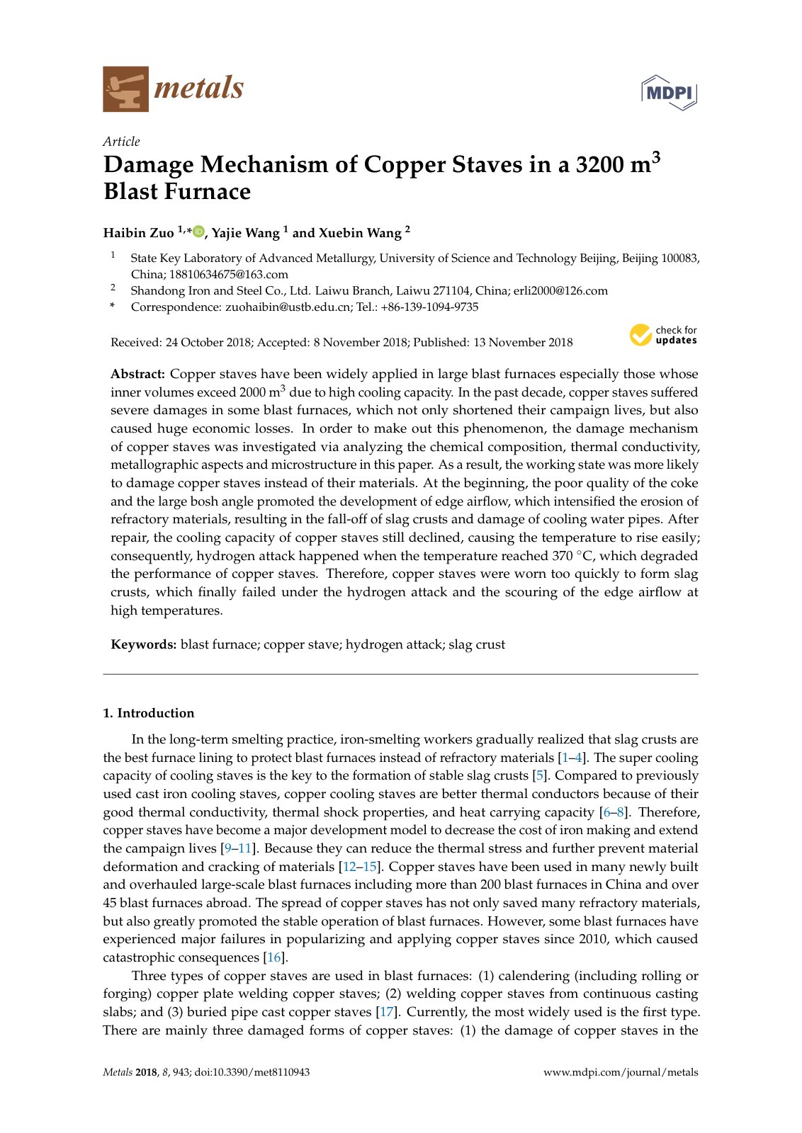 First page of Damage Mechanism of Copper Staves in a 3200 m3 Blast Furnace