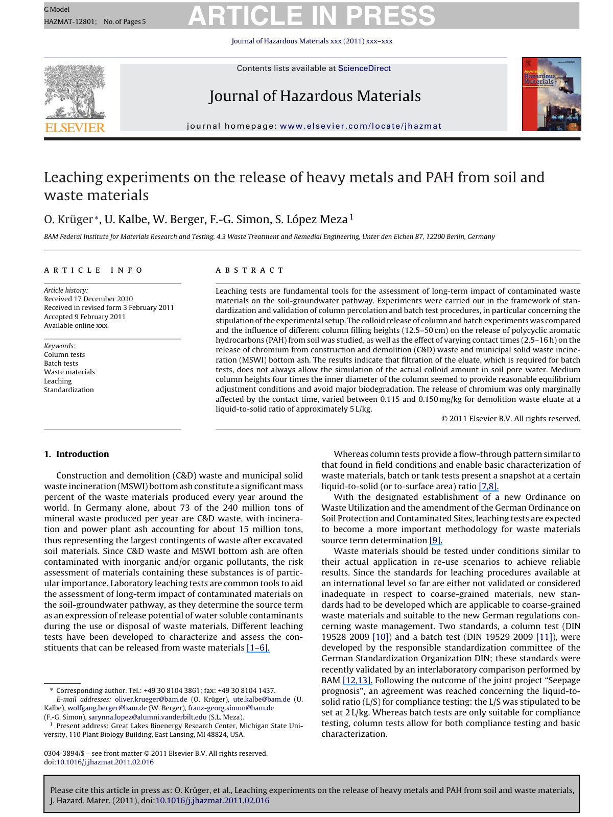First page of Leaching experiments on the release of h