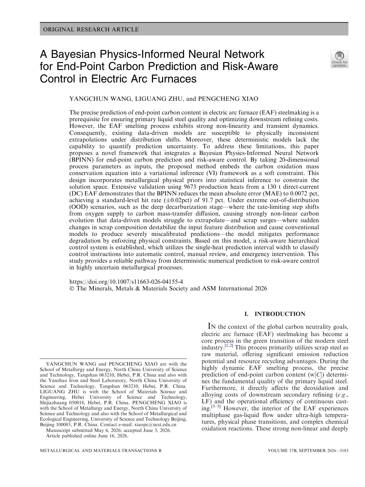 First page of 2026 Bayesian PINN EAF Carbon Prediction