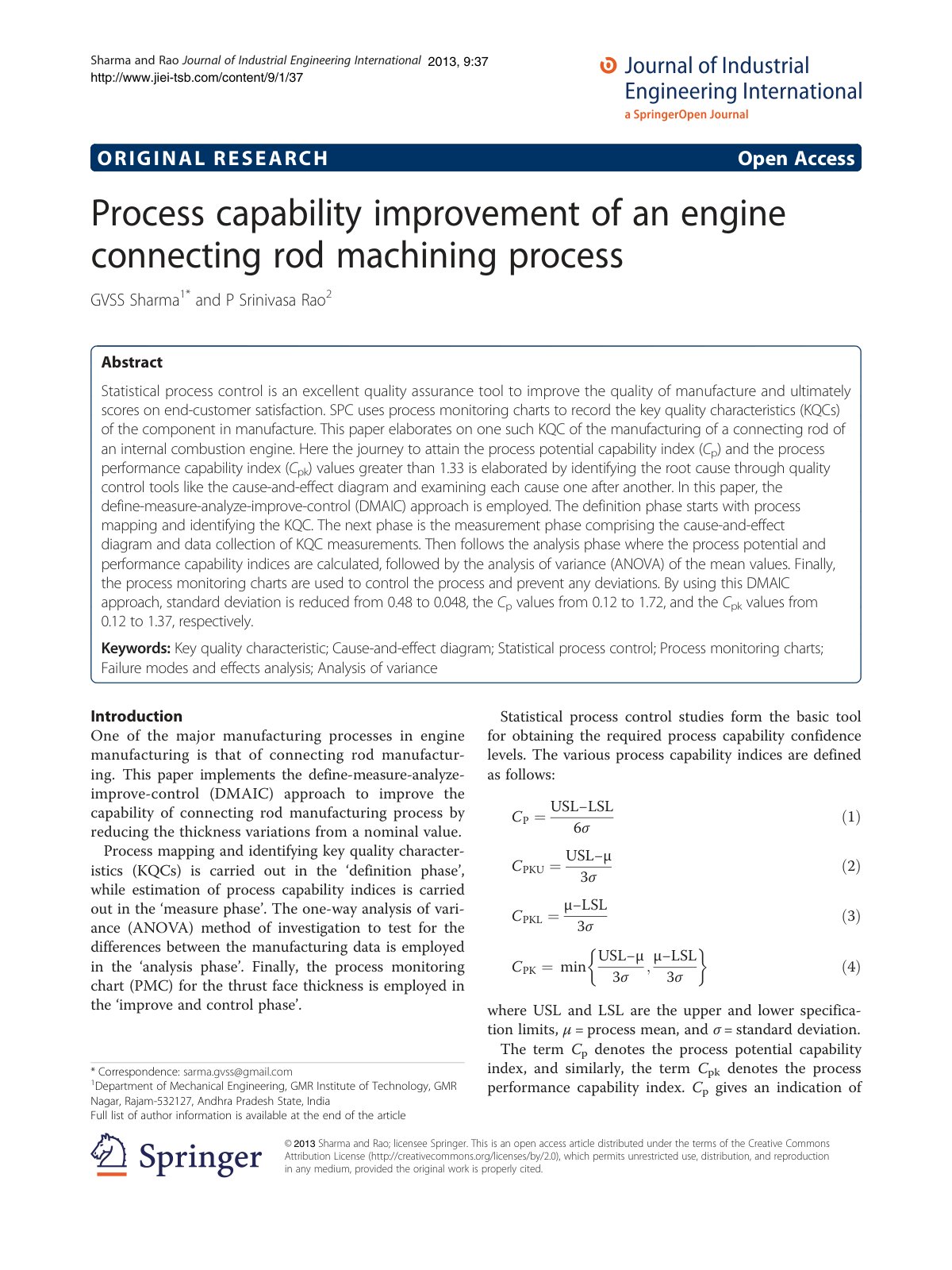 First page of Process capability improvement of an engine connecting rod machining process