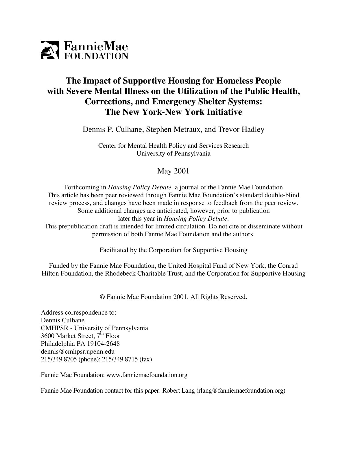 First page of The impact of supportive housing for hom