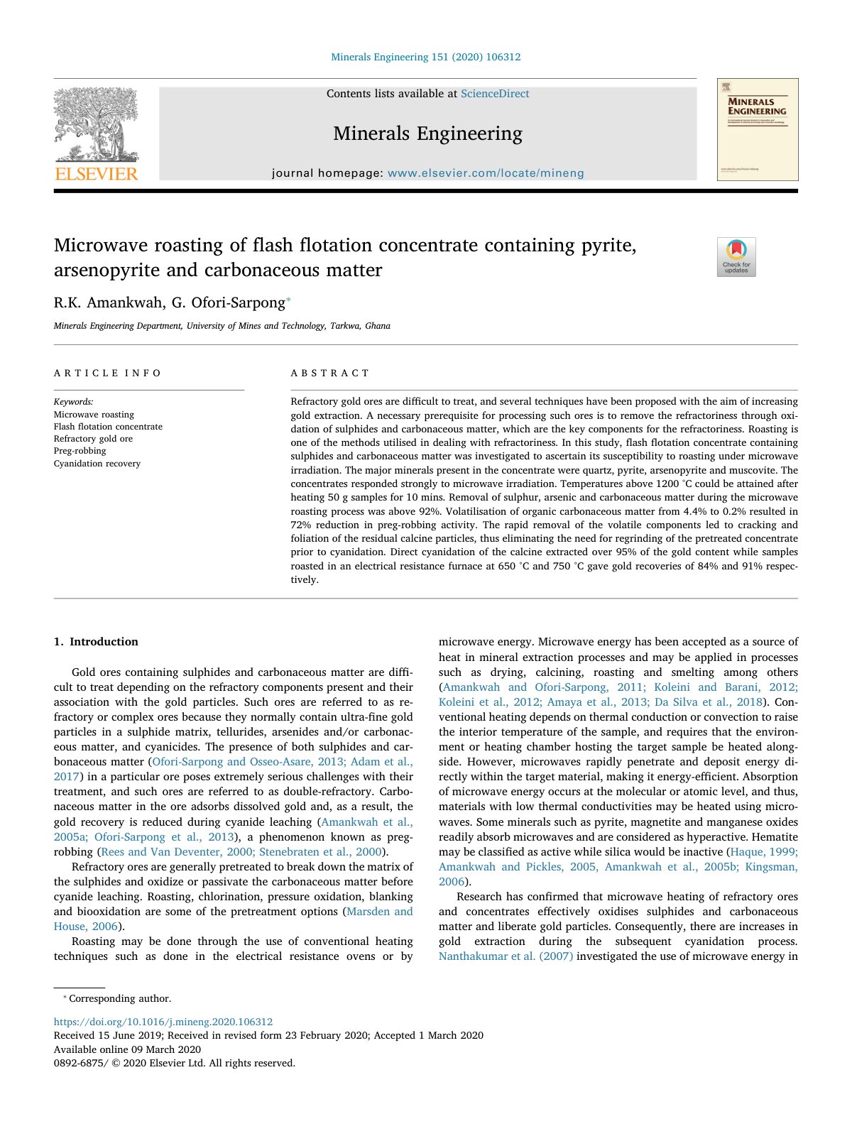 First page of Microwave roasting of flash flotation concentrate containing pyrite, arsenopyrite and carbonaceous matter