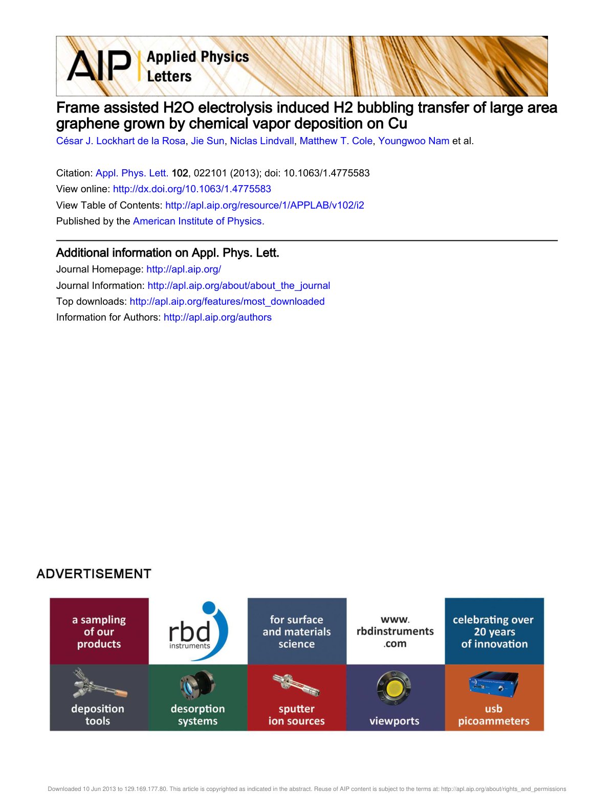 First page of Frame assisted H2O electrolysis induced H2 bubbling transfer of large area graphene grown by chemical vapor deposition on Cu
