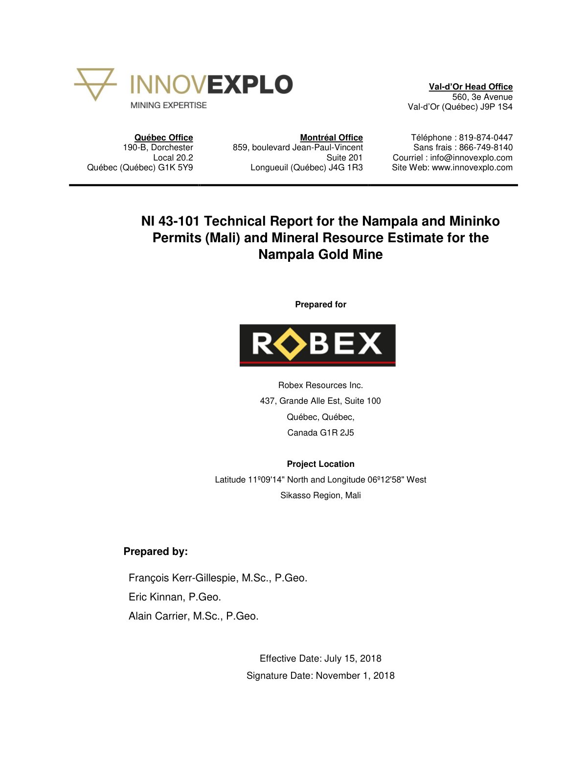 First page of NI 43-101 Technical Report for the Nampala and Mininko Permits (Mali) and Mineral Resource Estimate for the Nampala Gold Mine