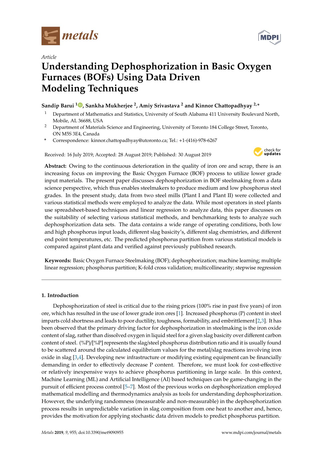 First page of Understanding Dephosphorization in Basic Oxygen Furnaces (BOFs) Using Data Driven Modeling Techniques