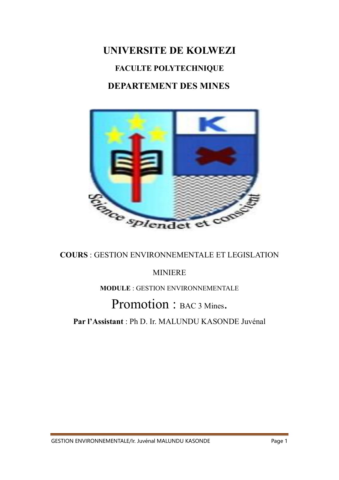 First page of GESTION ENVIRONNEMENTALE 2025 UNIKOL JMK
