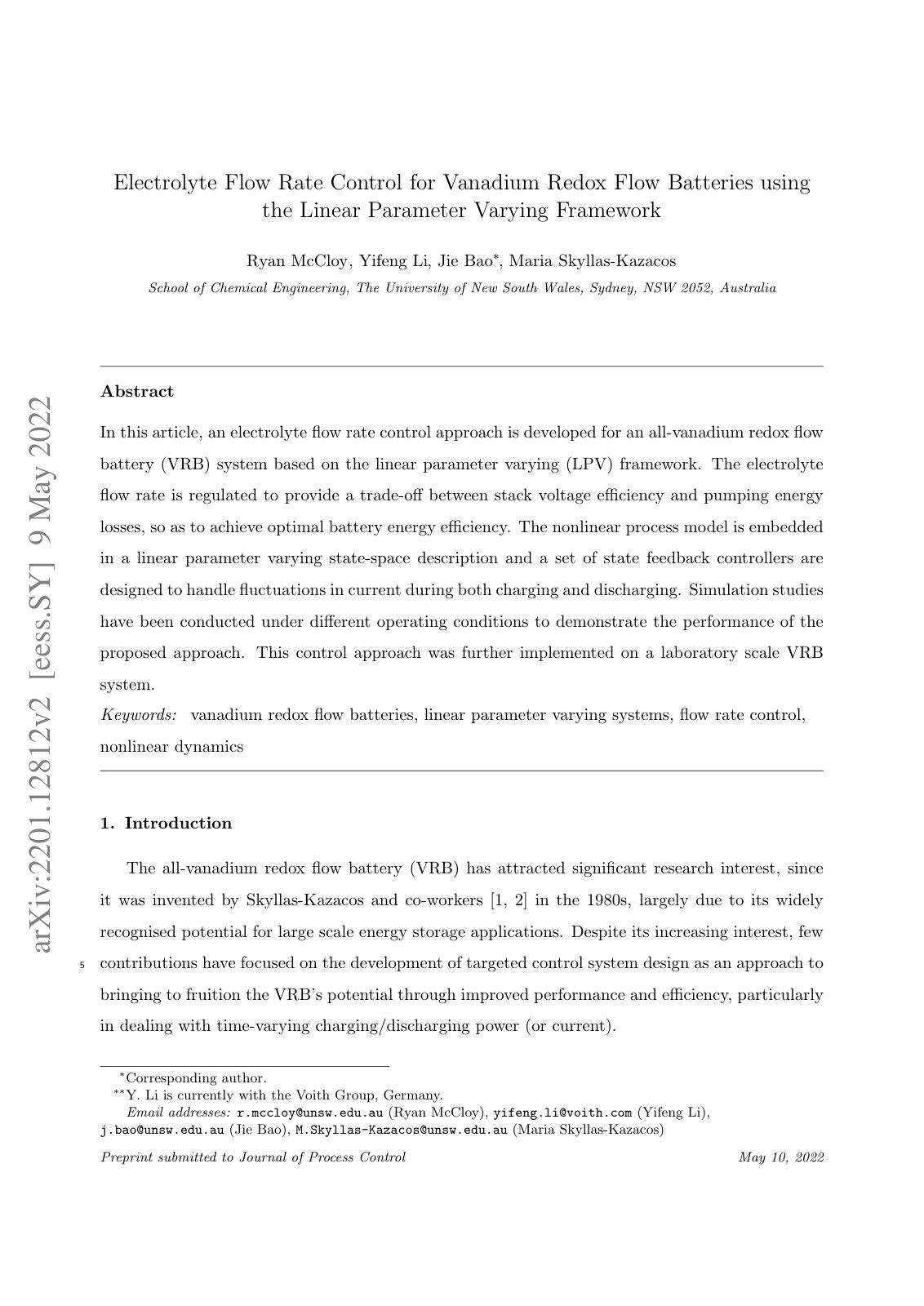First page of Electrolyte Flow Rate Control for Vanadium Redox Flow Batteries using the Linear Parameter Varying Framework