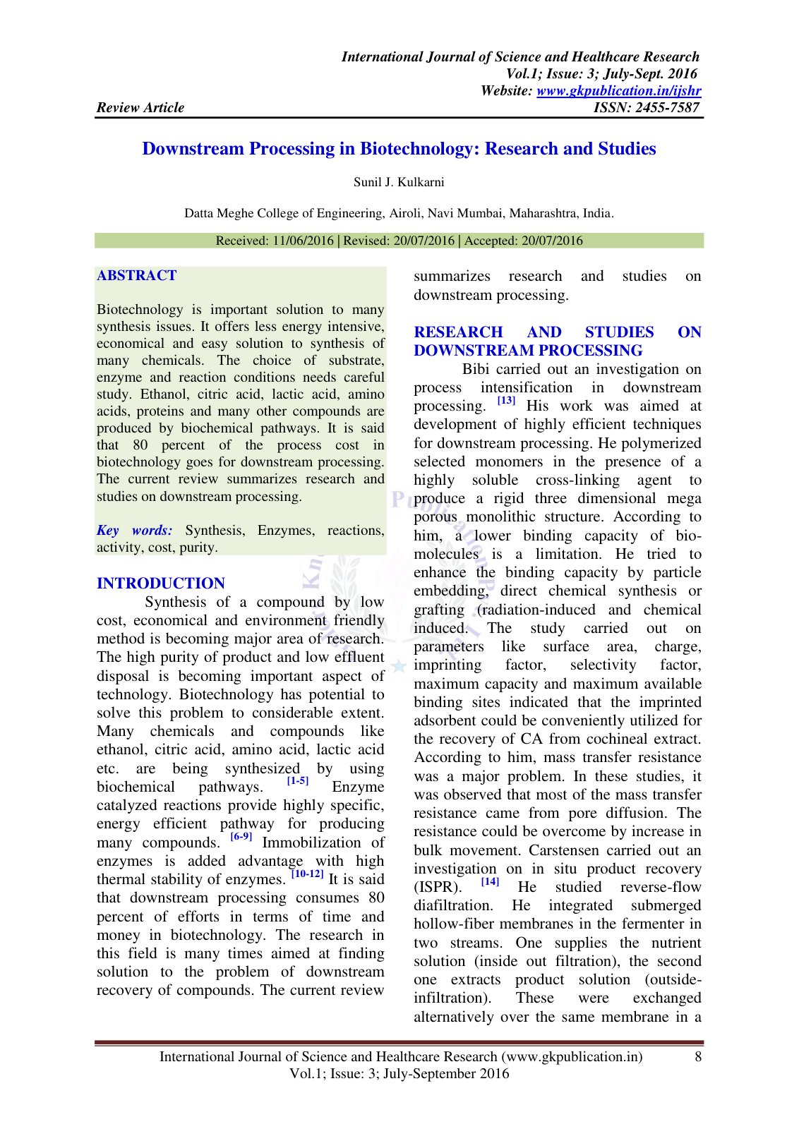 First page of Downstream Processing in Biotechnology: Research and Studies