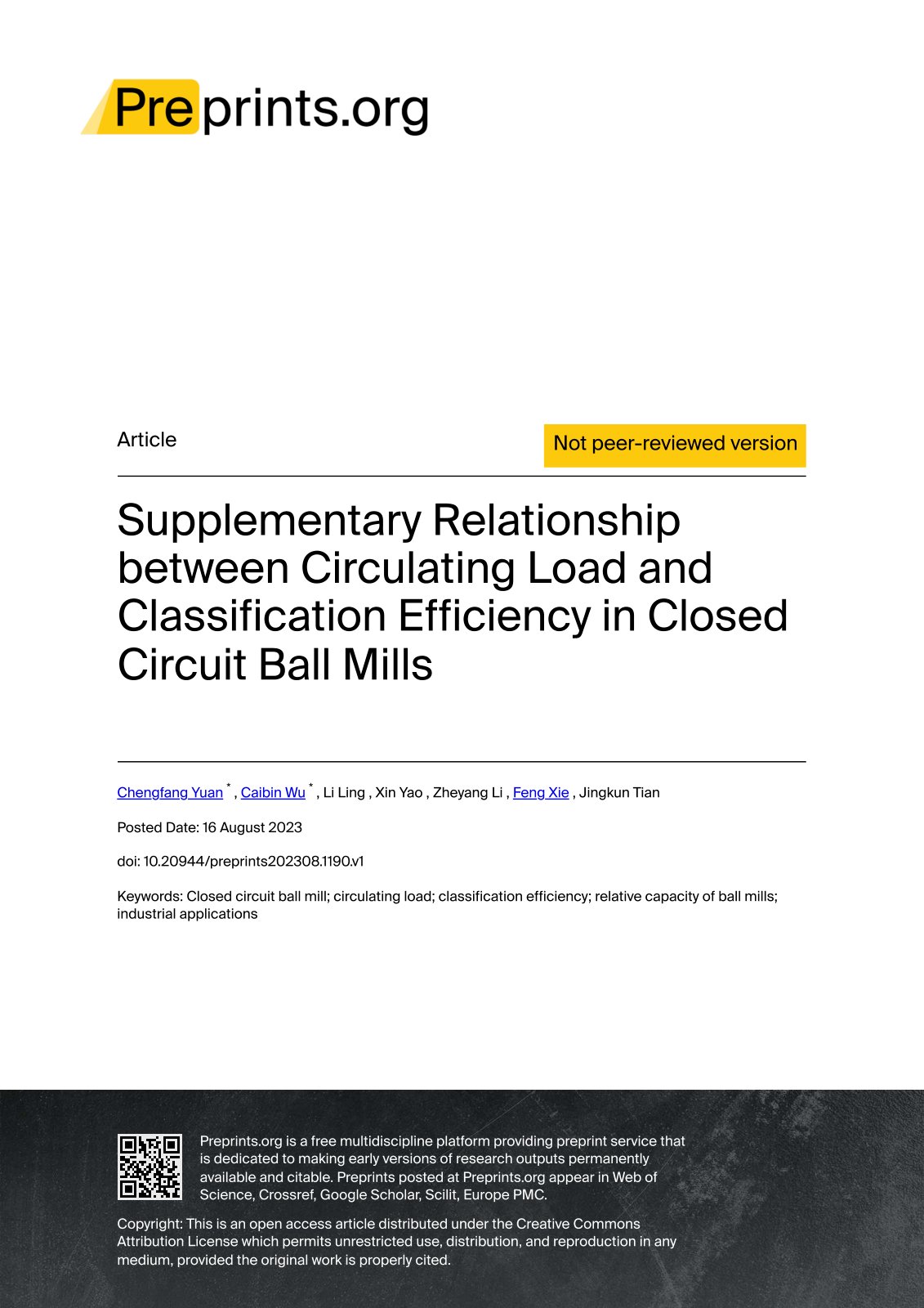 First page of Supplementary Relationship between Circulating Load and Classification Efficiency in Closed Circuit Ball Mills