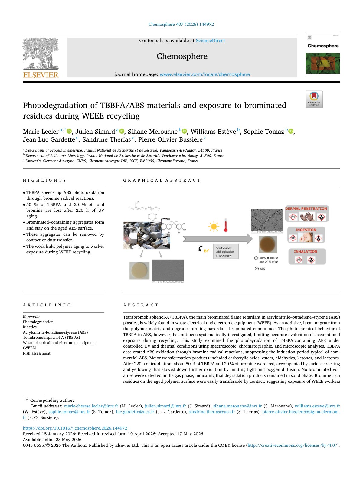 First page of Photodegradation of TBBPA ABS materials and exposure to bromina 2026 Chemosp