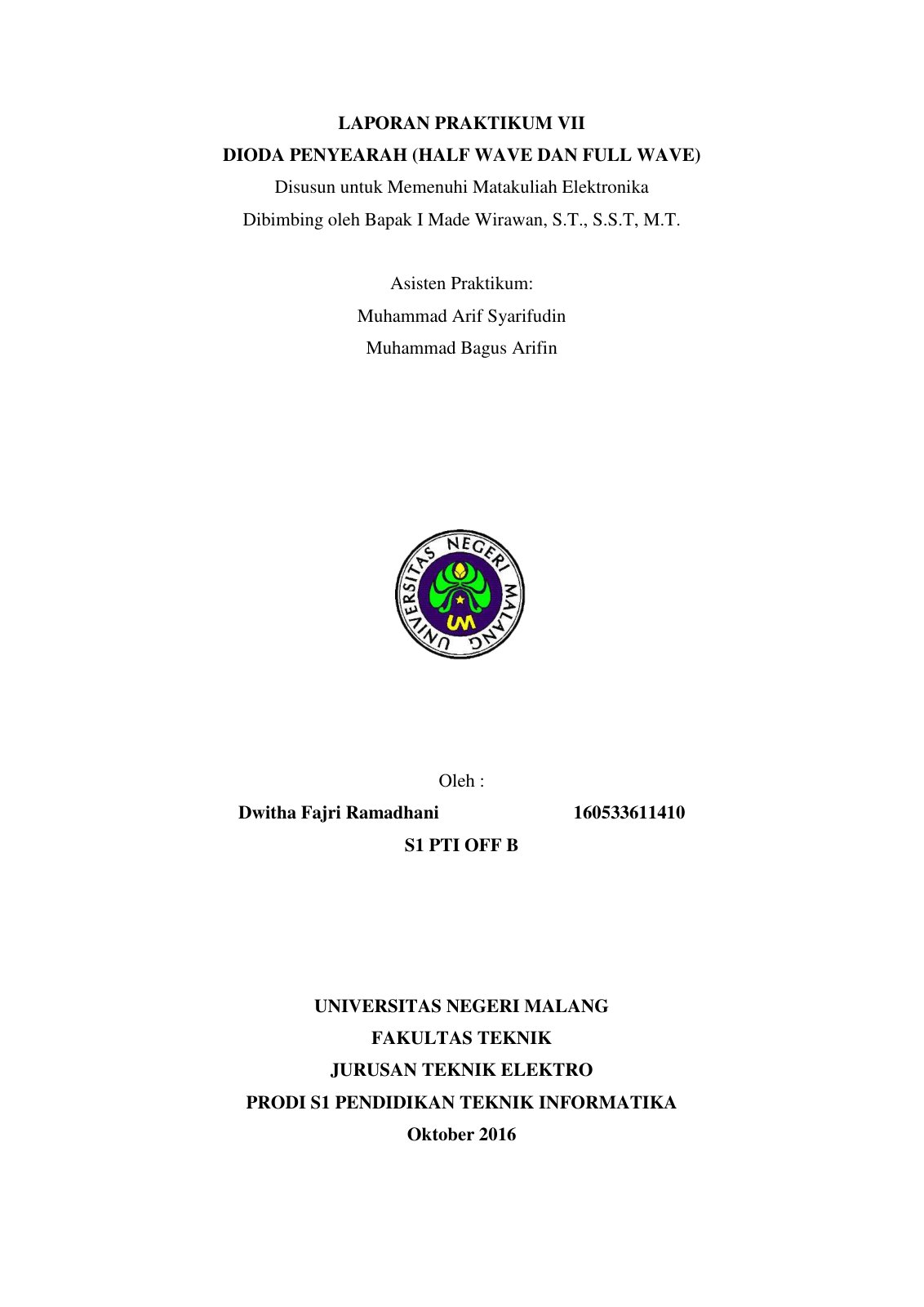 First page of LAPORAN PRAKTIKUM 7 ELEKTRONIKA DIODA PE