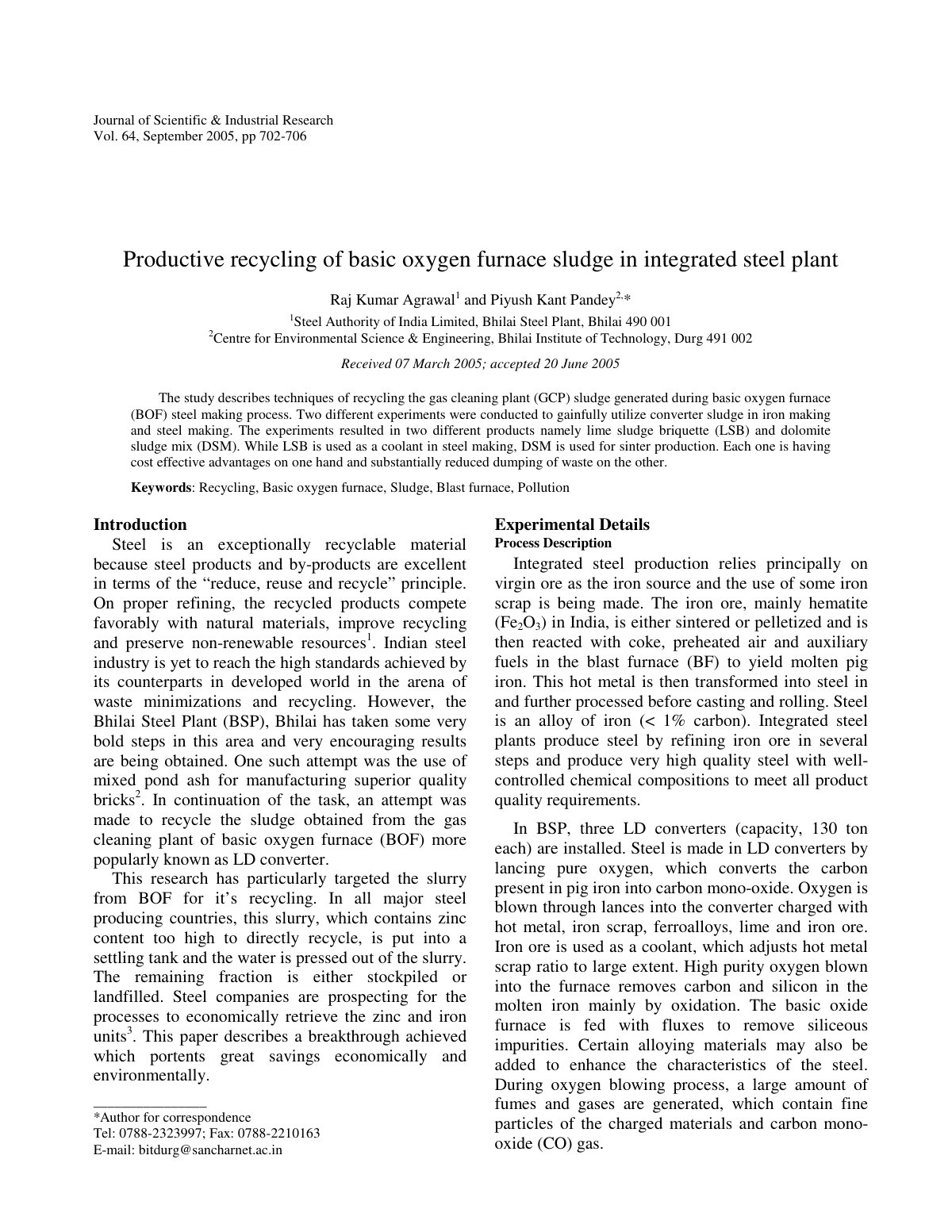 First page of Productive recycling of basic oxygen furnace sludge in integrated steel plant
