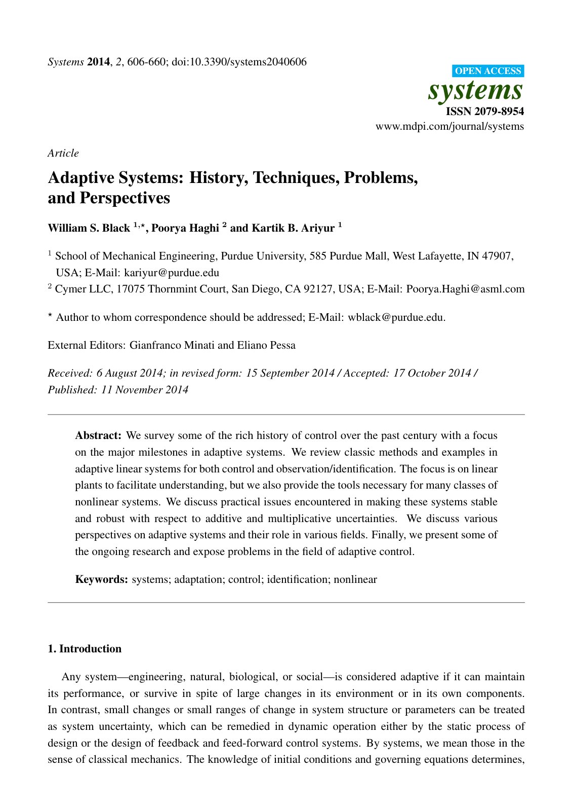 First page of Adaptive Systems: History, Techniques, Problems, and Perspectives