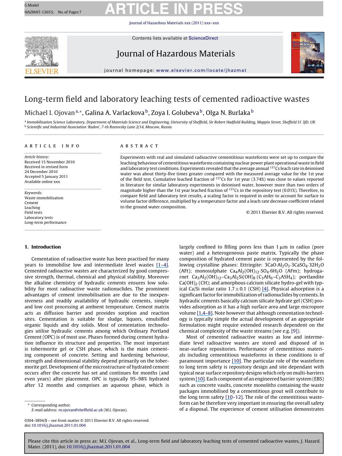 First page of Long-term ﬁeld and laboratory leaching tests of cemented radioactive wastes