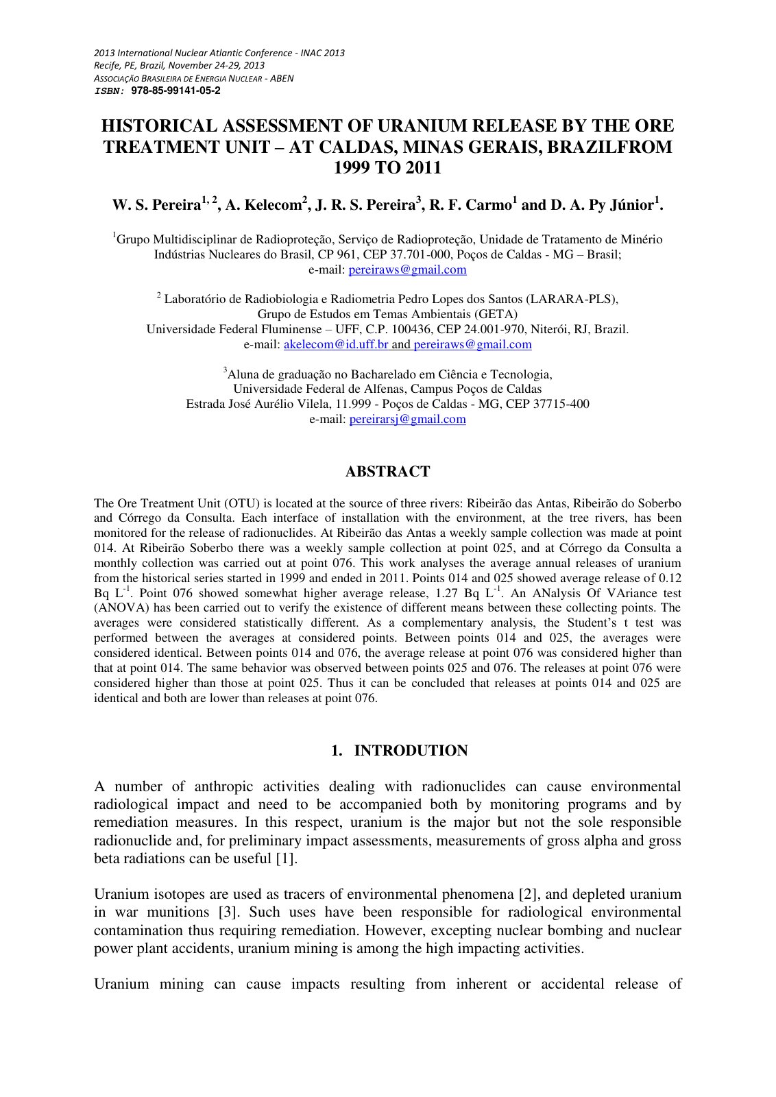 First page of Historical assessment of uranium release by the ore treatment unit – at Caldas, Minas Gerais, Brazil from 1999 to 2011