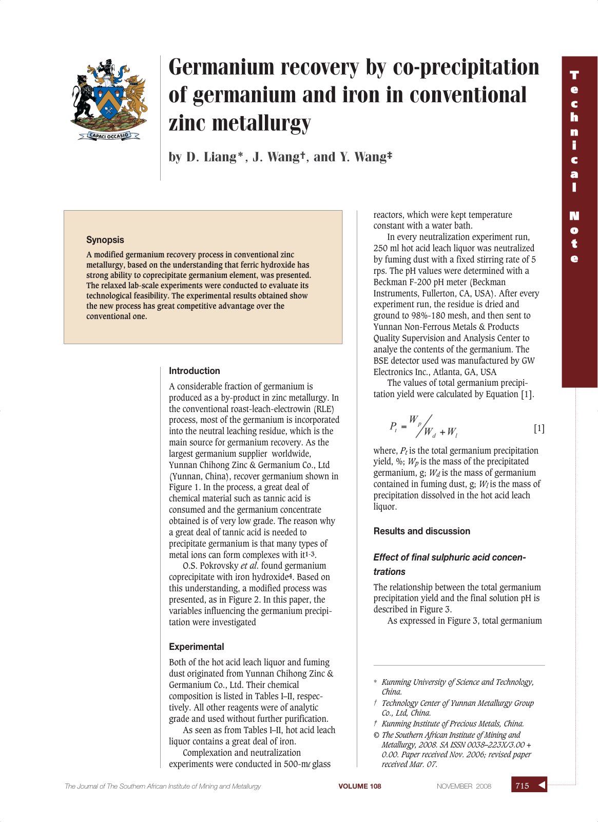 First page of Germanium recovery by co precipitation