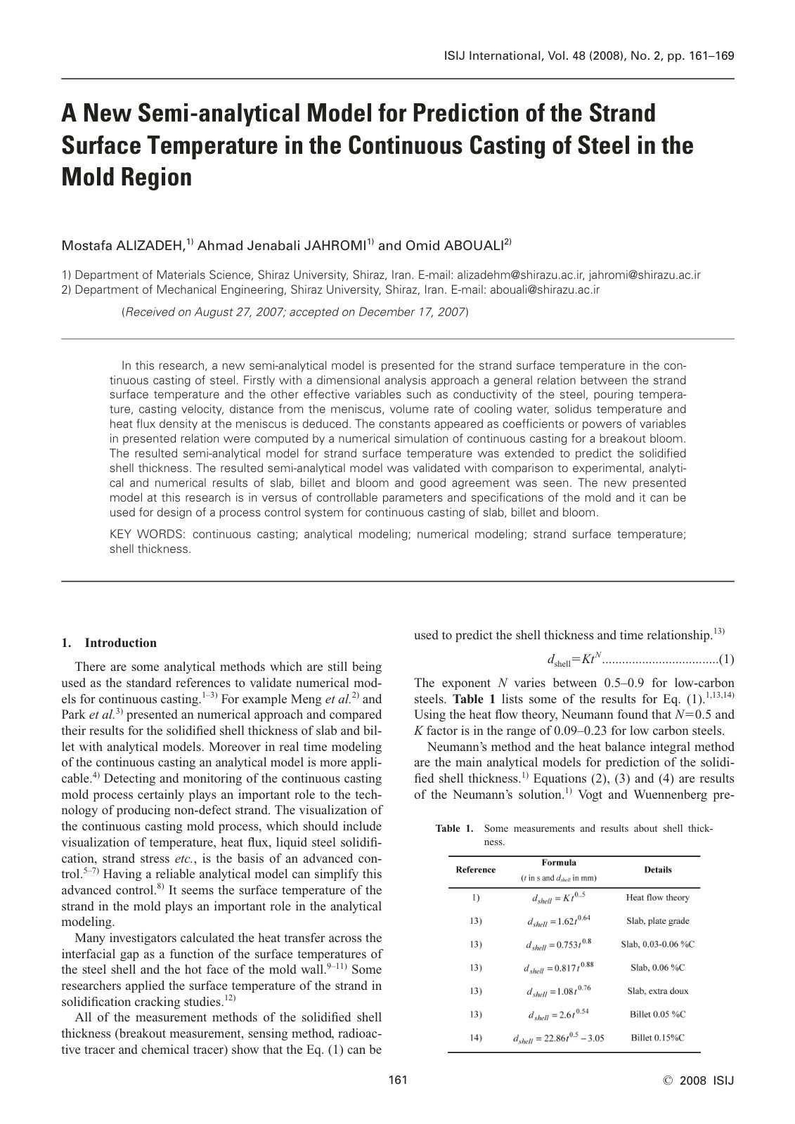 First page of A New Semi-analytical Model for Prediction of the Strand Surface Temperature in the Continuous Casting of Steel in the Mold Region