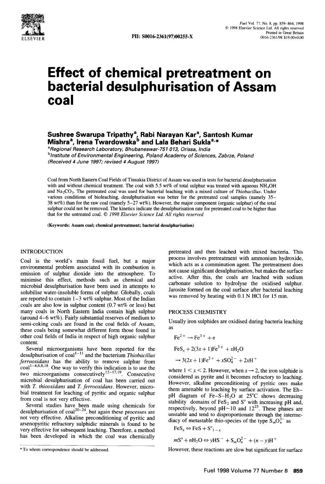 First page of Effect of chemical pretreatment on bacte