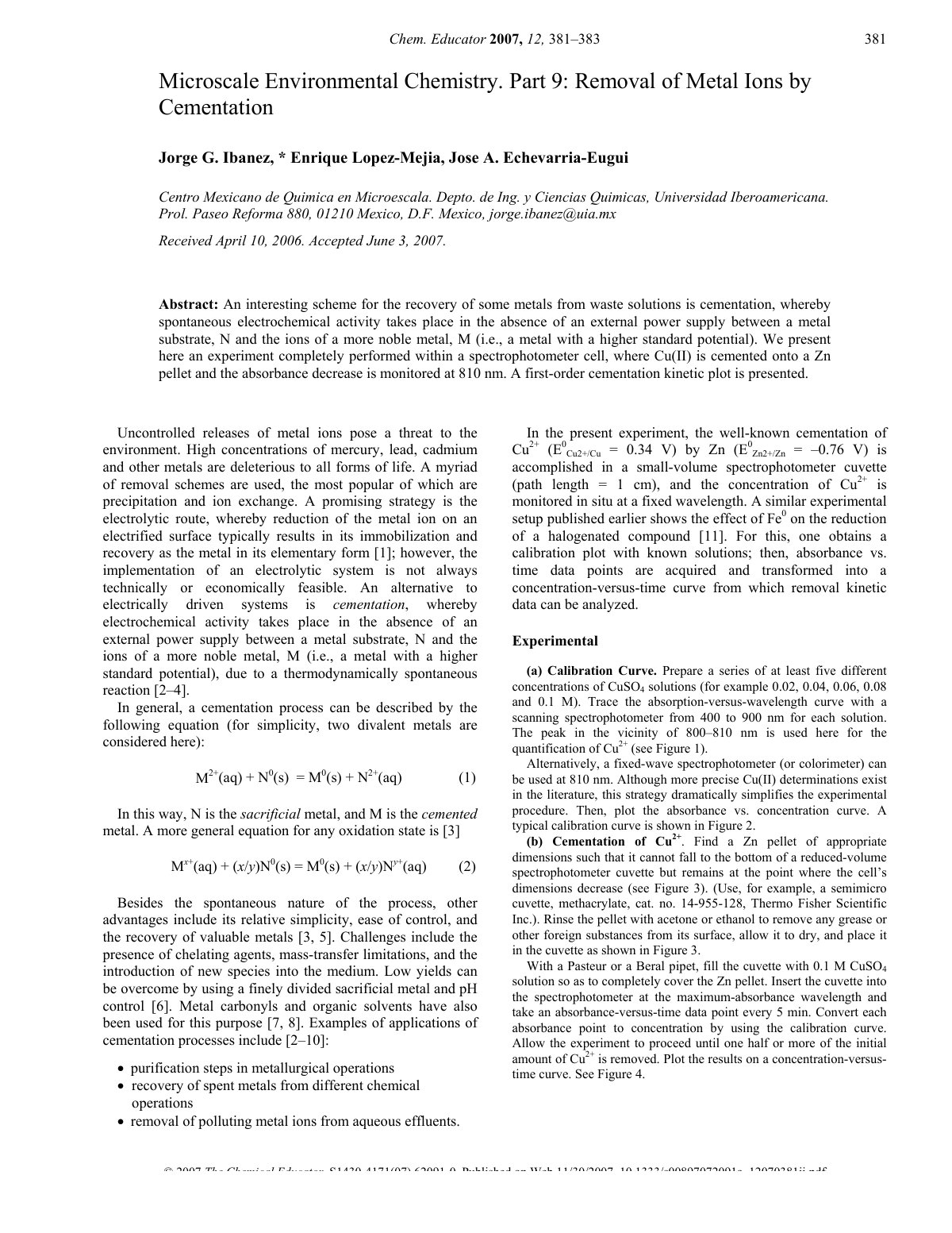 First page of Microscale Environmental Chemistry. Part 9: Removal of Metal Ions by Cementation