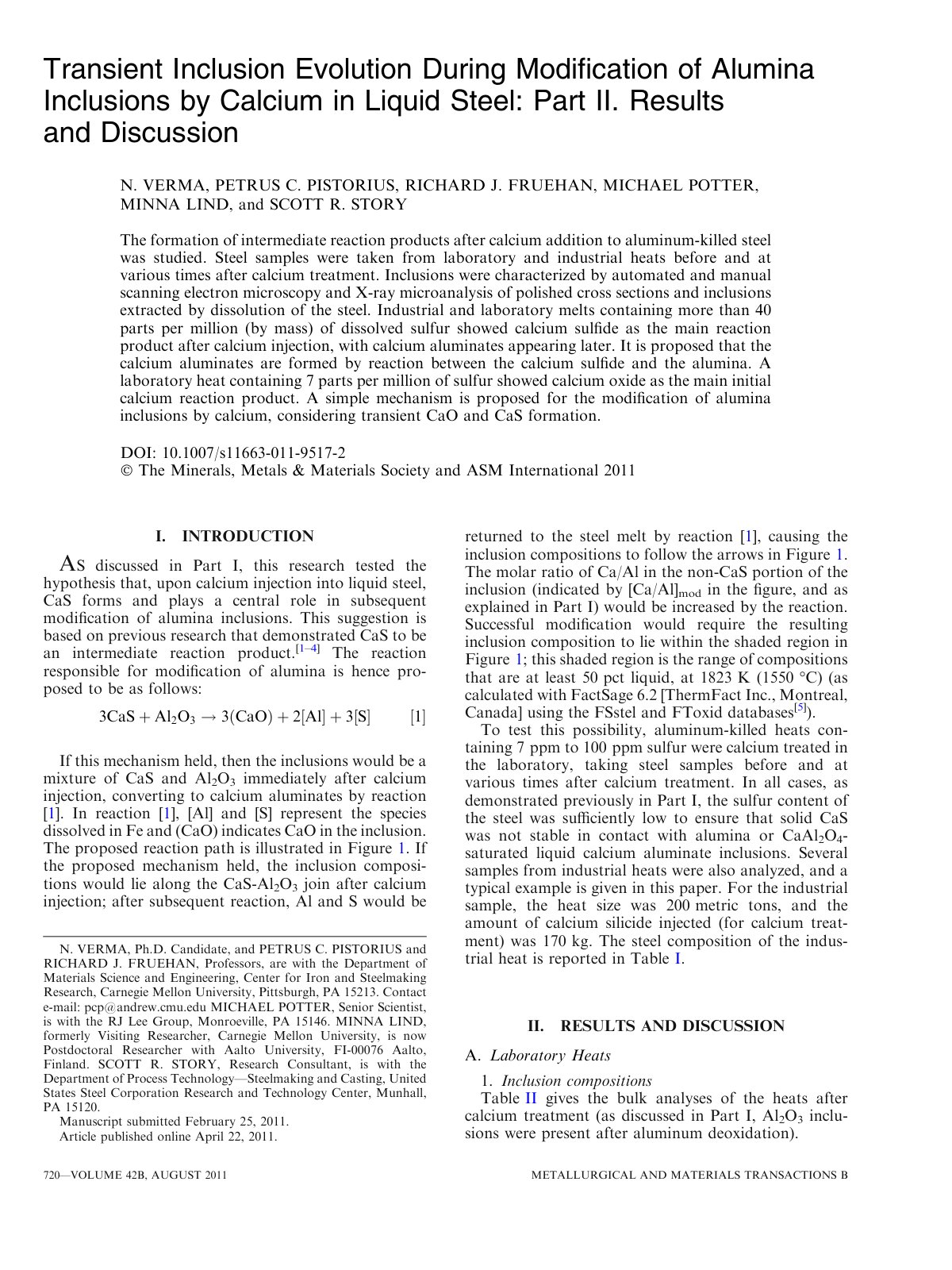 First page of Transient Inclusion Evolution During Modiﬁcation of Alumina Inclusions by Calcium in Liquid Steel: Part II. Results and Discussion