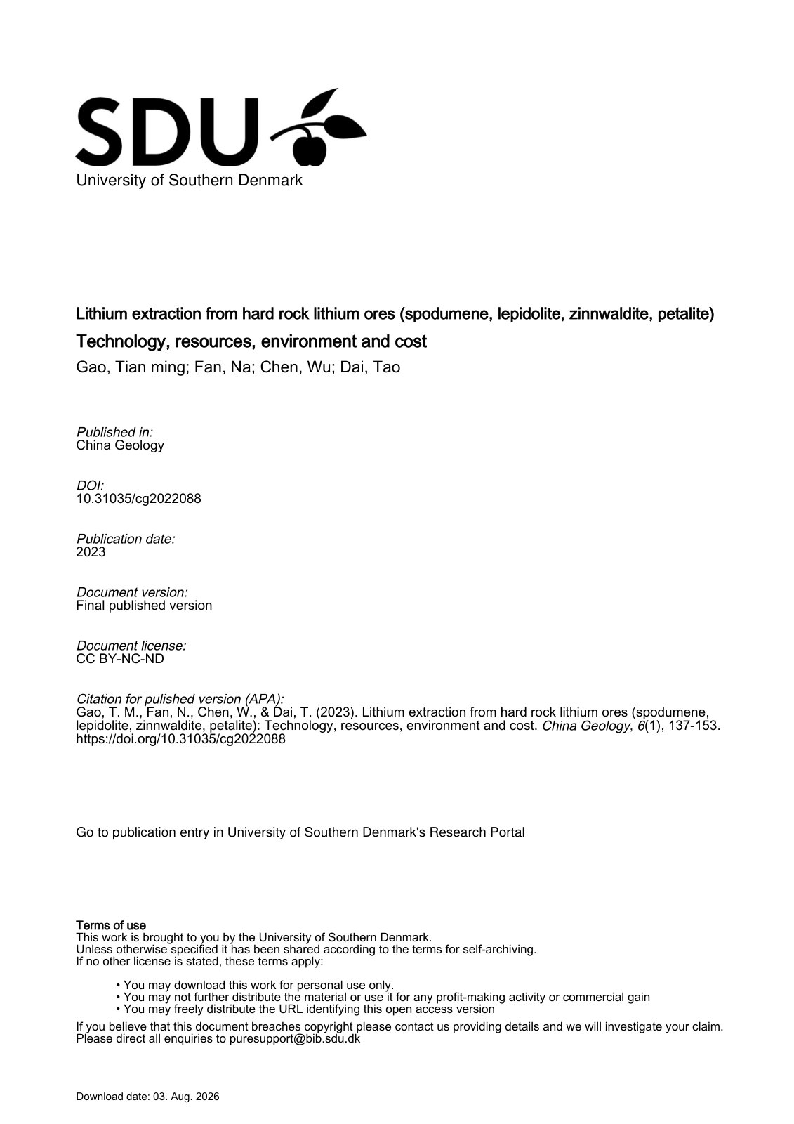 First page of 2022 Gao Tian ming Lithium extraction from hard rock lithium ores spodumene lepidolite zinnwaldite petalite Technology resou cg2022088