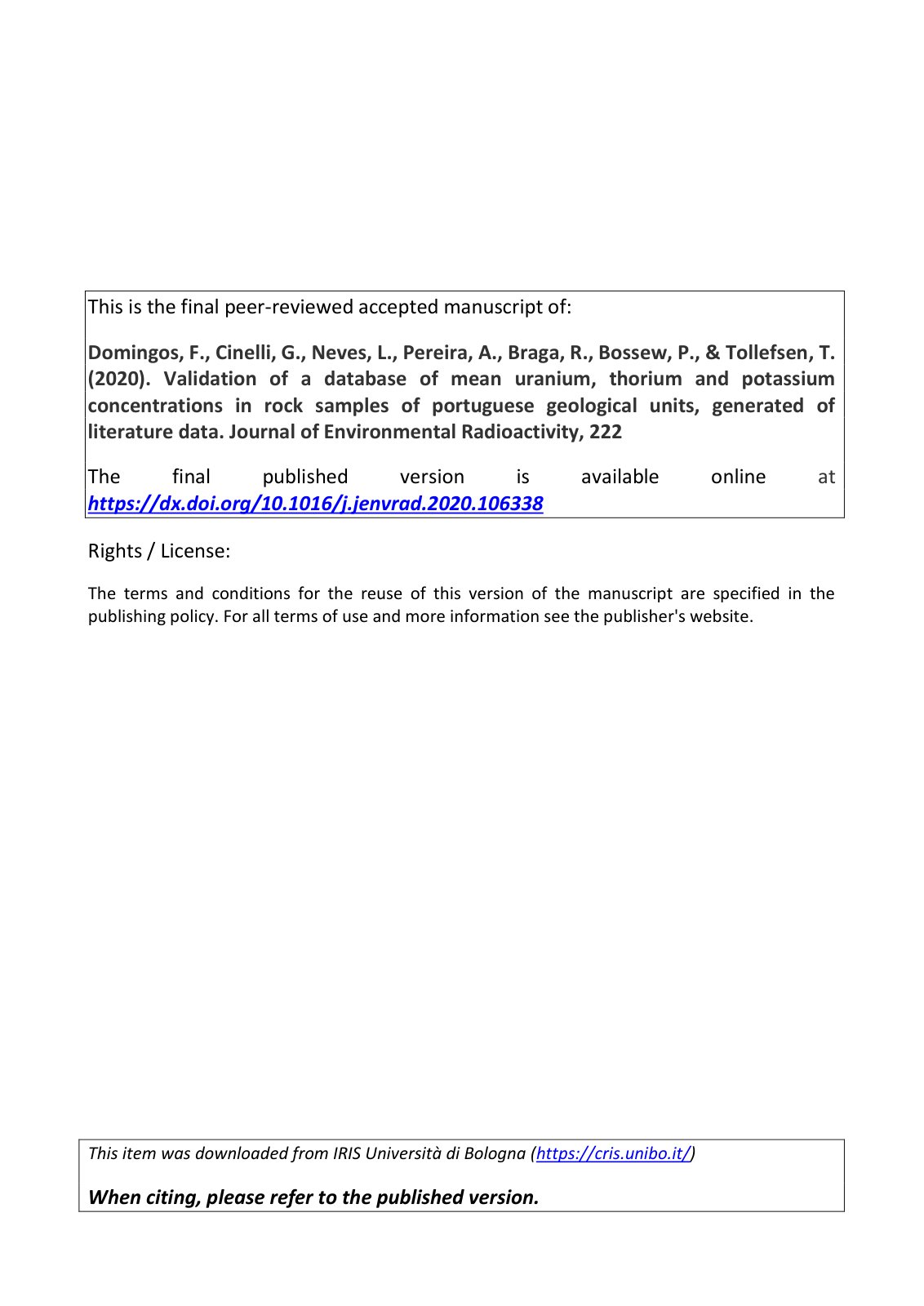First page of Validation of a database of mean uranium, thorium and potassium concentrations in rock samples of Portuguese geological units, generated of literature data