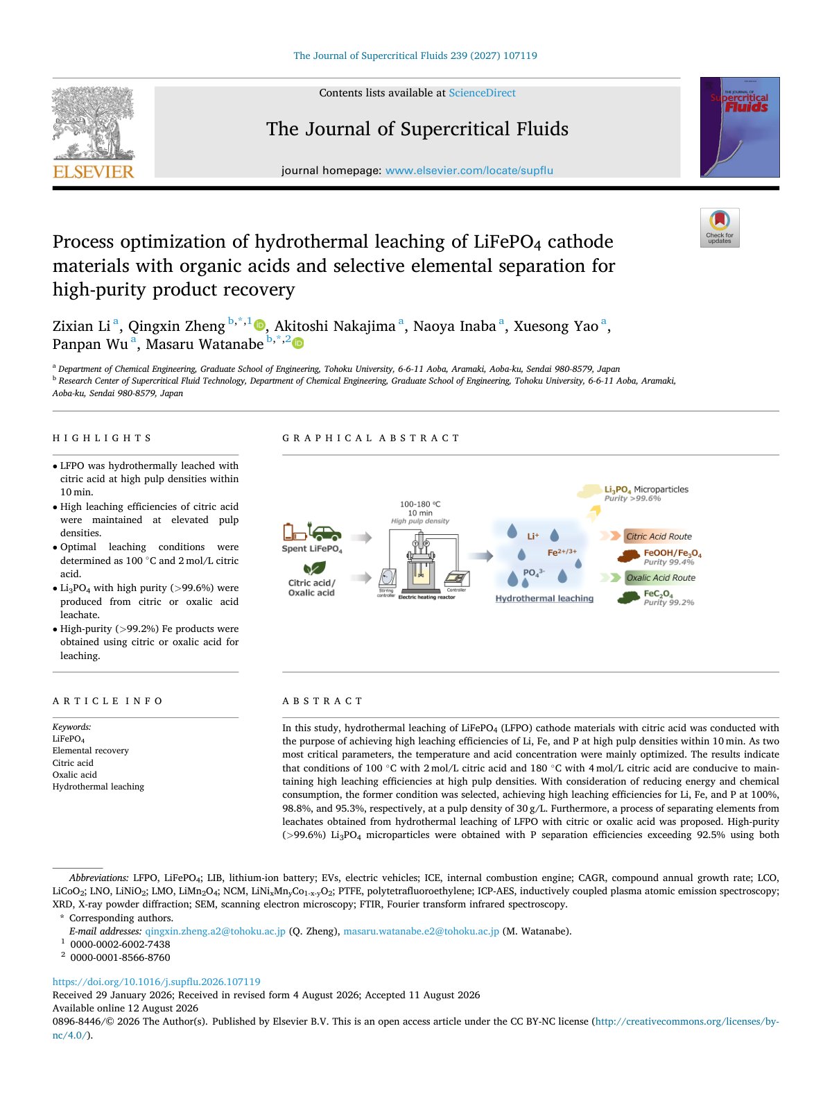 First page of Process optimization of hydrothermal leaching of LiFePO4 c 2027 The Journal 