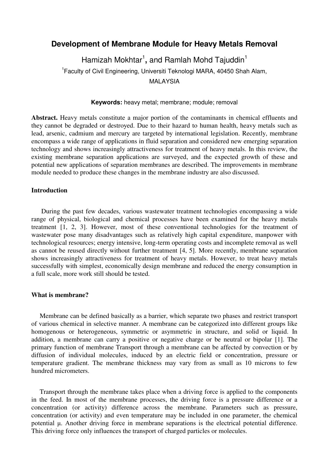 First page of Development of Membrane Module for Heavy Metals Removal