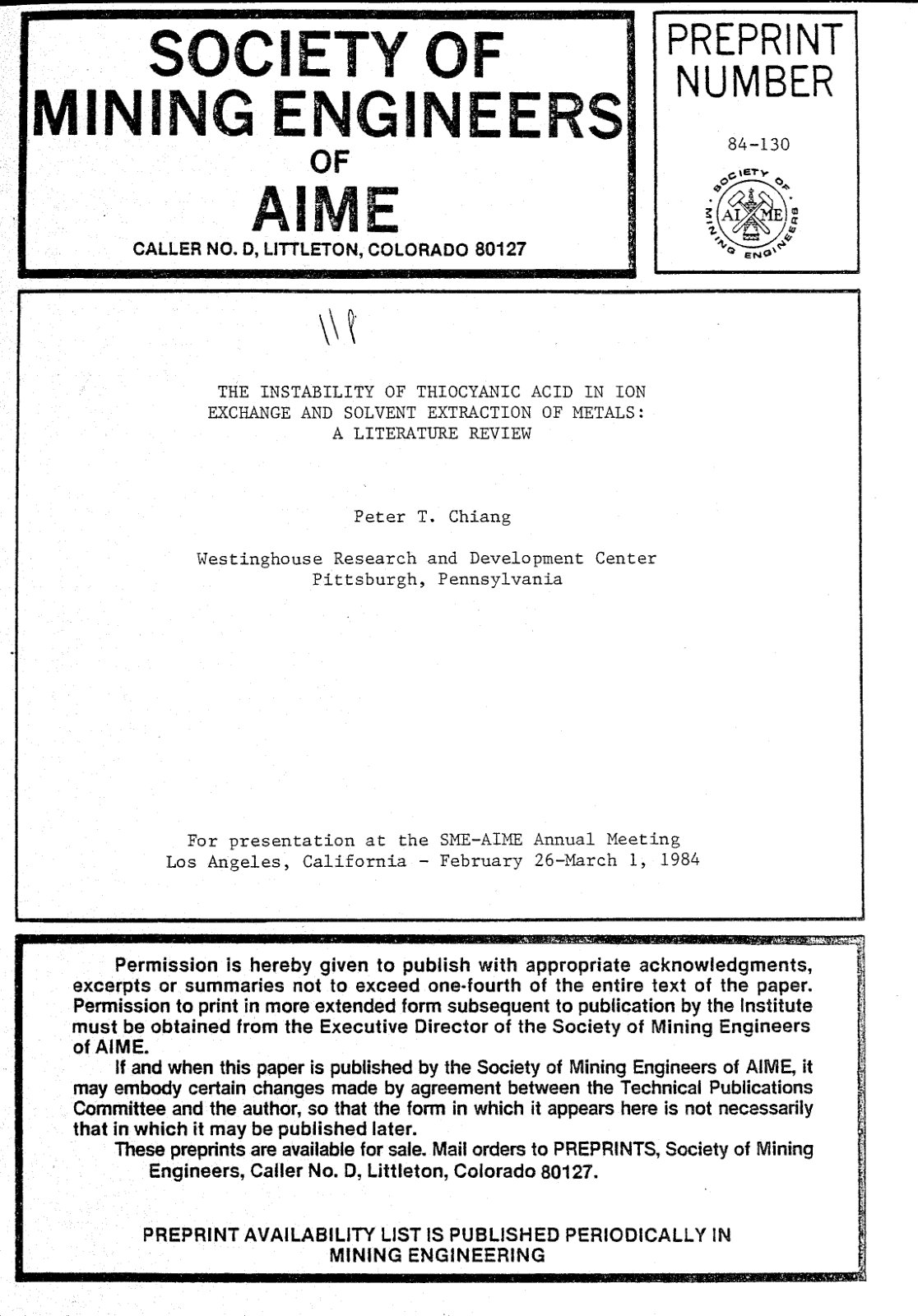 First page of THE INSTABILITY OF THIOCYANIC ACID IN ION EXCHANGE AND SOLVENT EXTRACTION OF METALS: A LITERATURE REVIEW