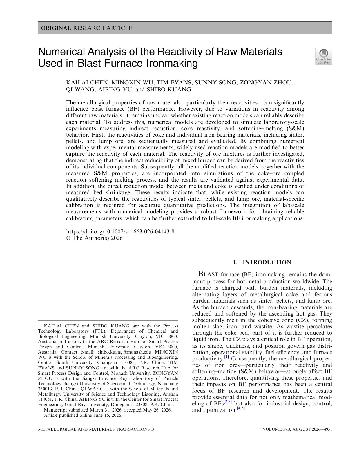 First page of 2026 Chen Blast Furnace Raw Material Reactivity