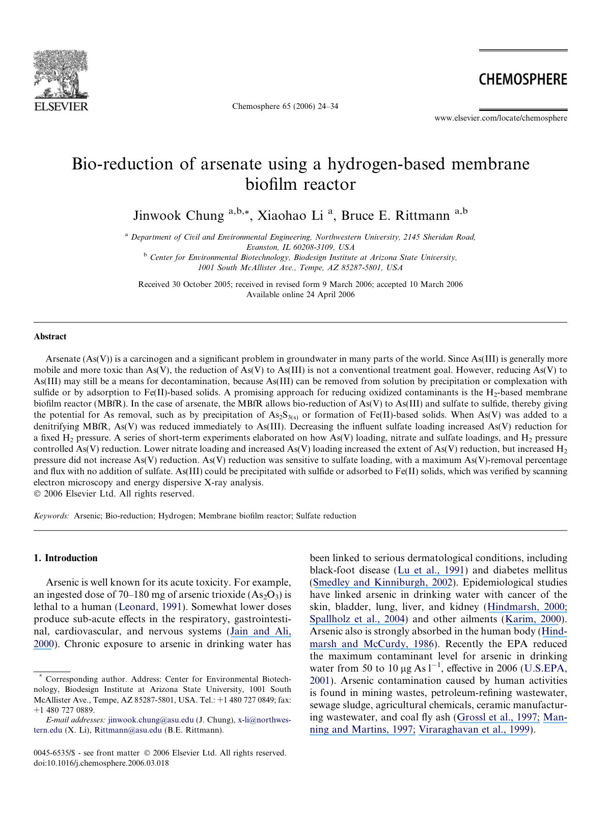 First page of Bio reduction of arsenate using a hydrog