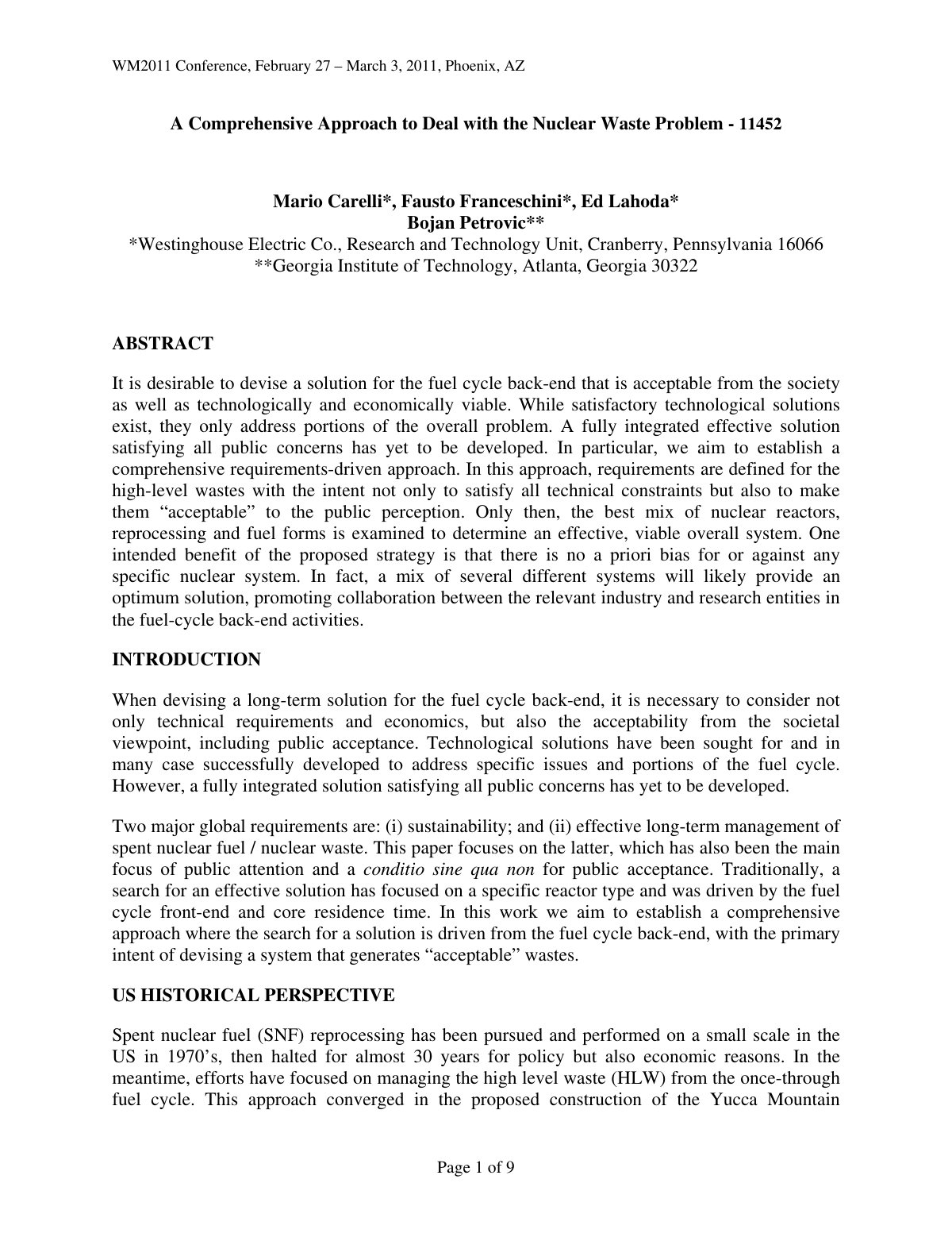 First page of A Comprehensive Approach to Deal with the Nuclear Waste Problem