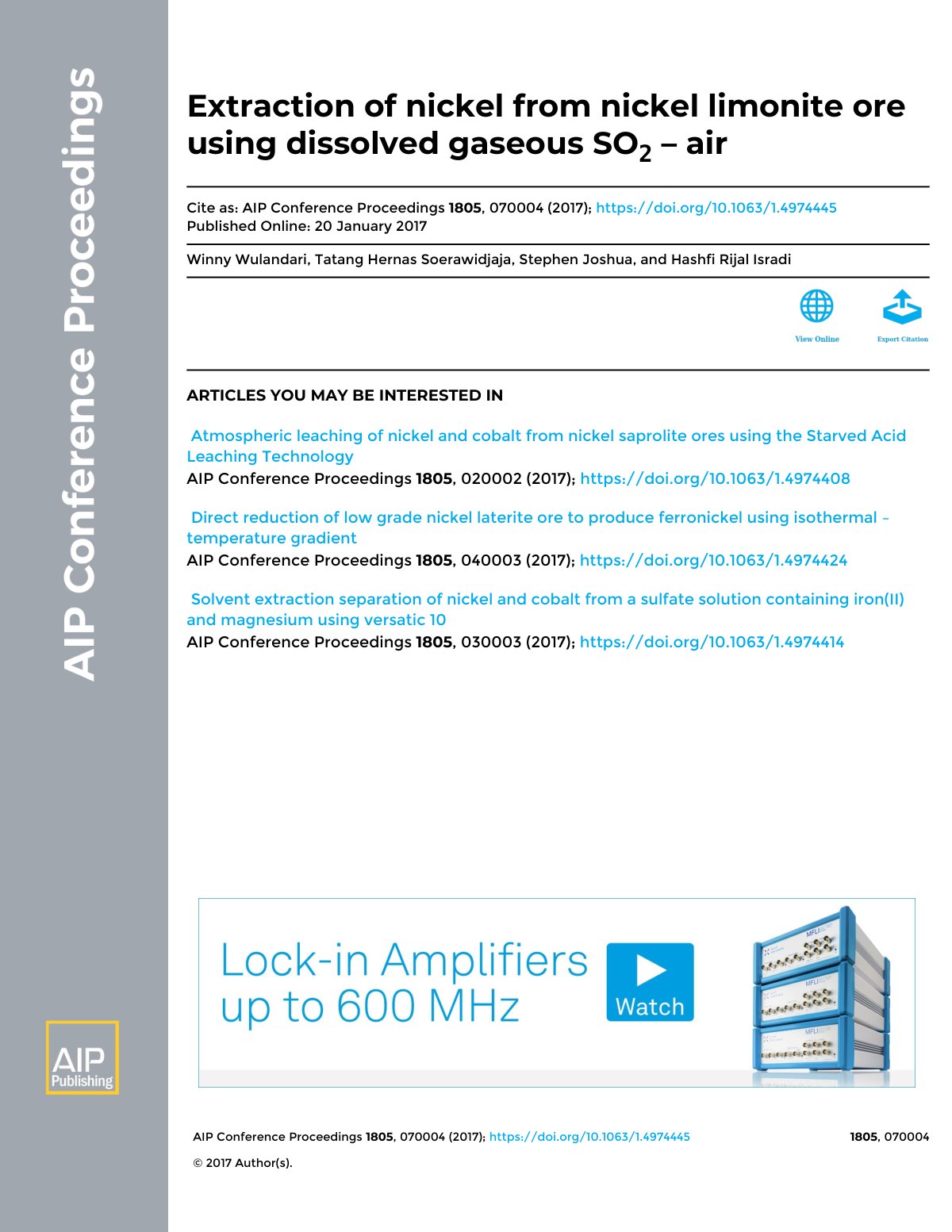 First page of Extraction of nickel from nickel limonite ore using dissolved gaseous SO2 – air