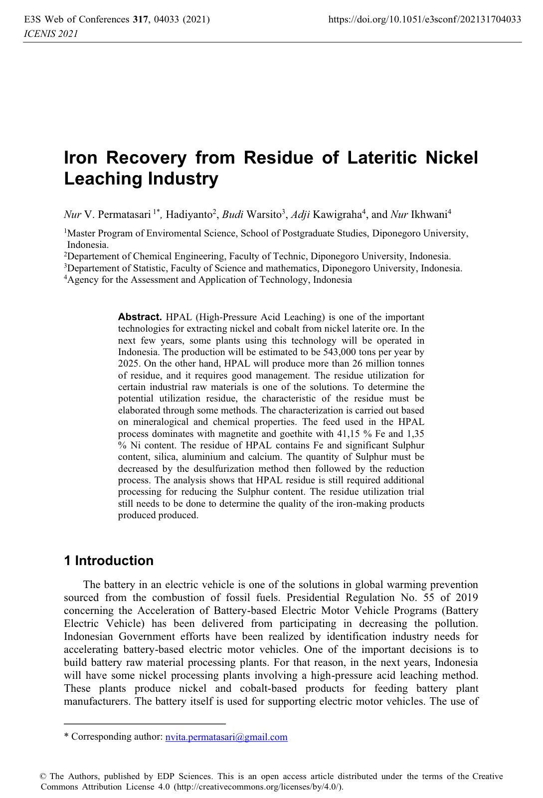 First page of Iron Recovery from Residue of Lateritic