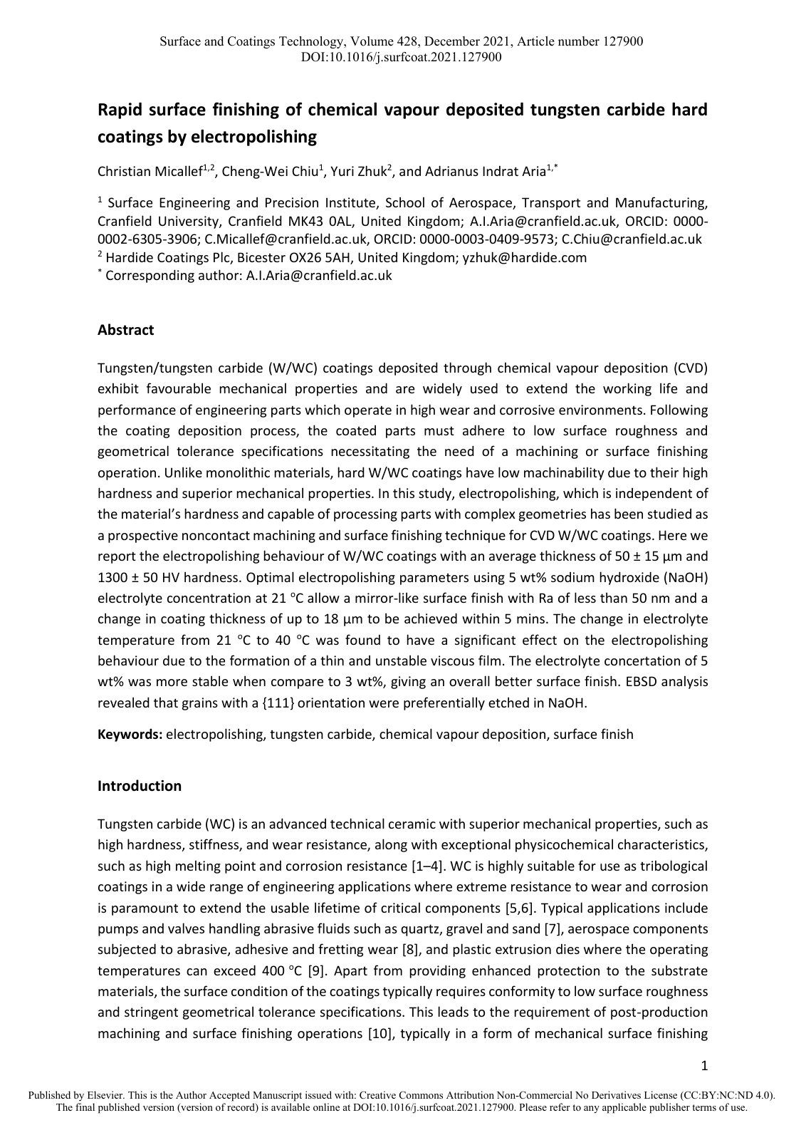 First page of 2021 Micallef CVD Tungsten Carbide Electropolishing