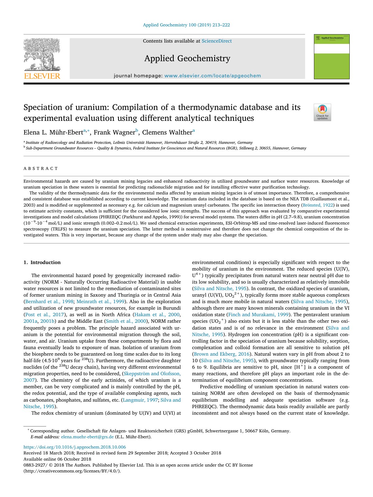First page of Speciation of uranium: Compilation of a thermodynamic database and its experimental evaluation using different analytical techniques