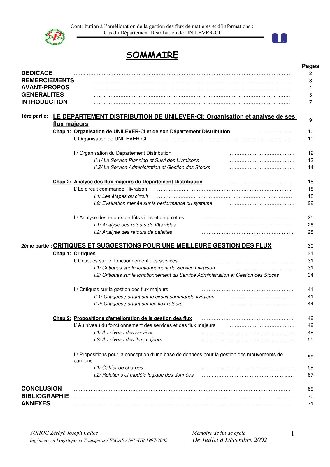 First page of Memoire de fin de Cycle Calice Yohou Ing