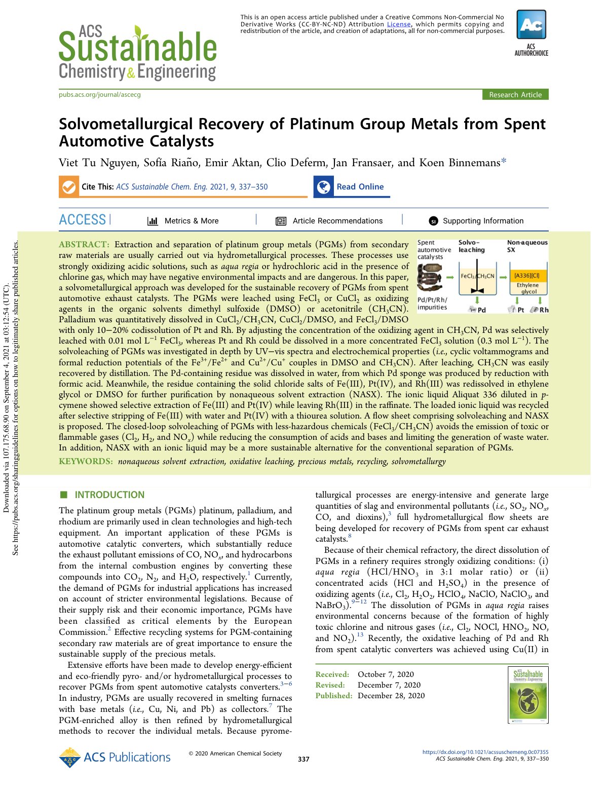 First page of Solvometallurgical Recovery of Platinum