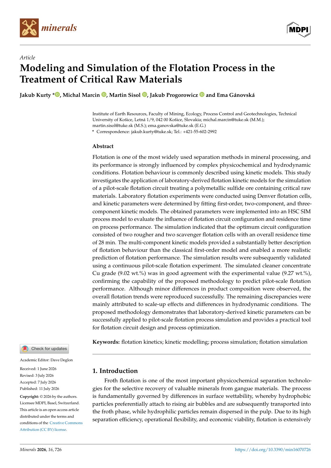 First page of Modeling and Simulation of the Flotation Process in the Treatment of Critical Raw Materials