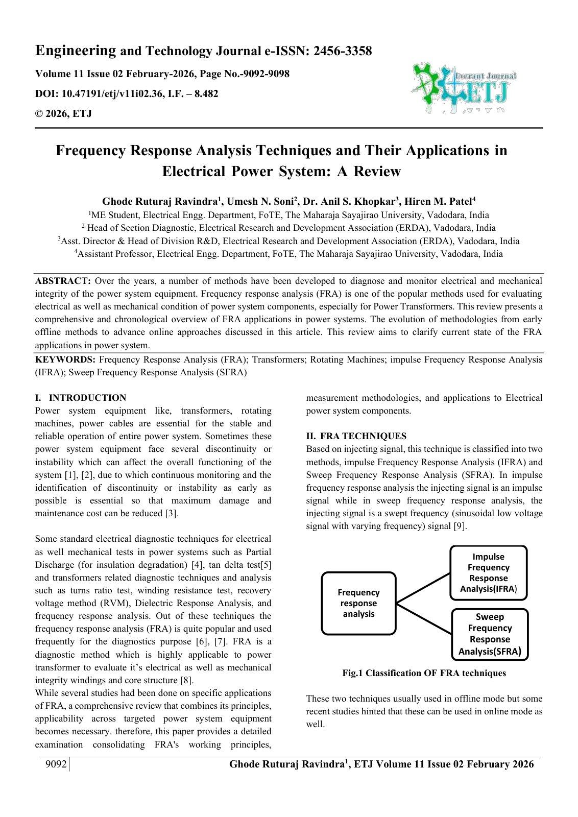 First page of Frequency Response Analysis Techniques and Their Applications in  Electrical Power System: A Review  