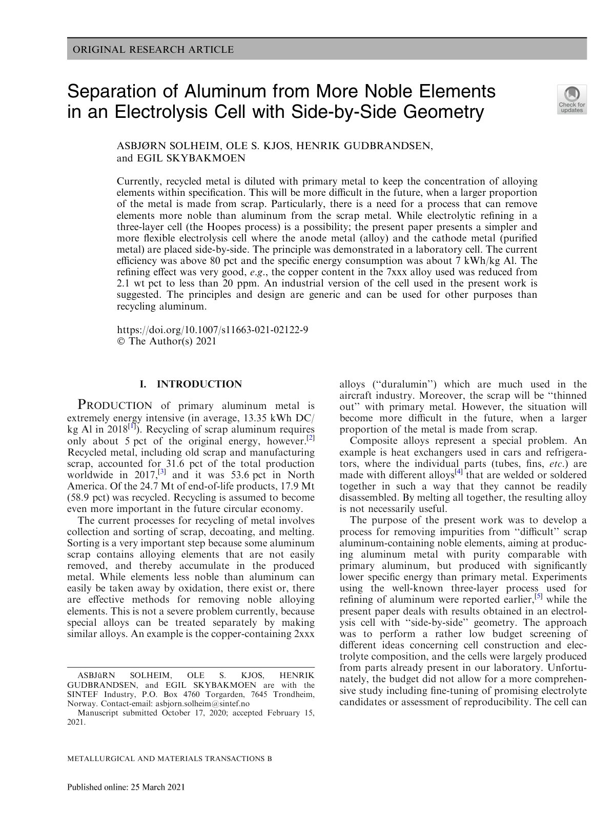 First page of Separation of Aluminum from More Noble E