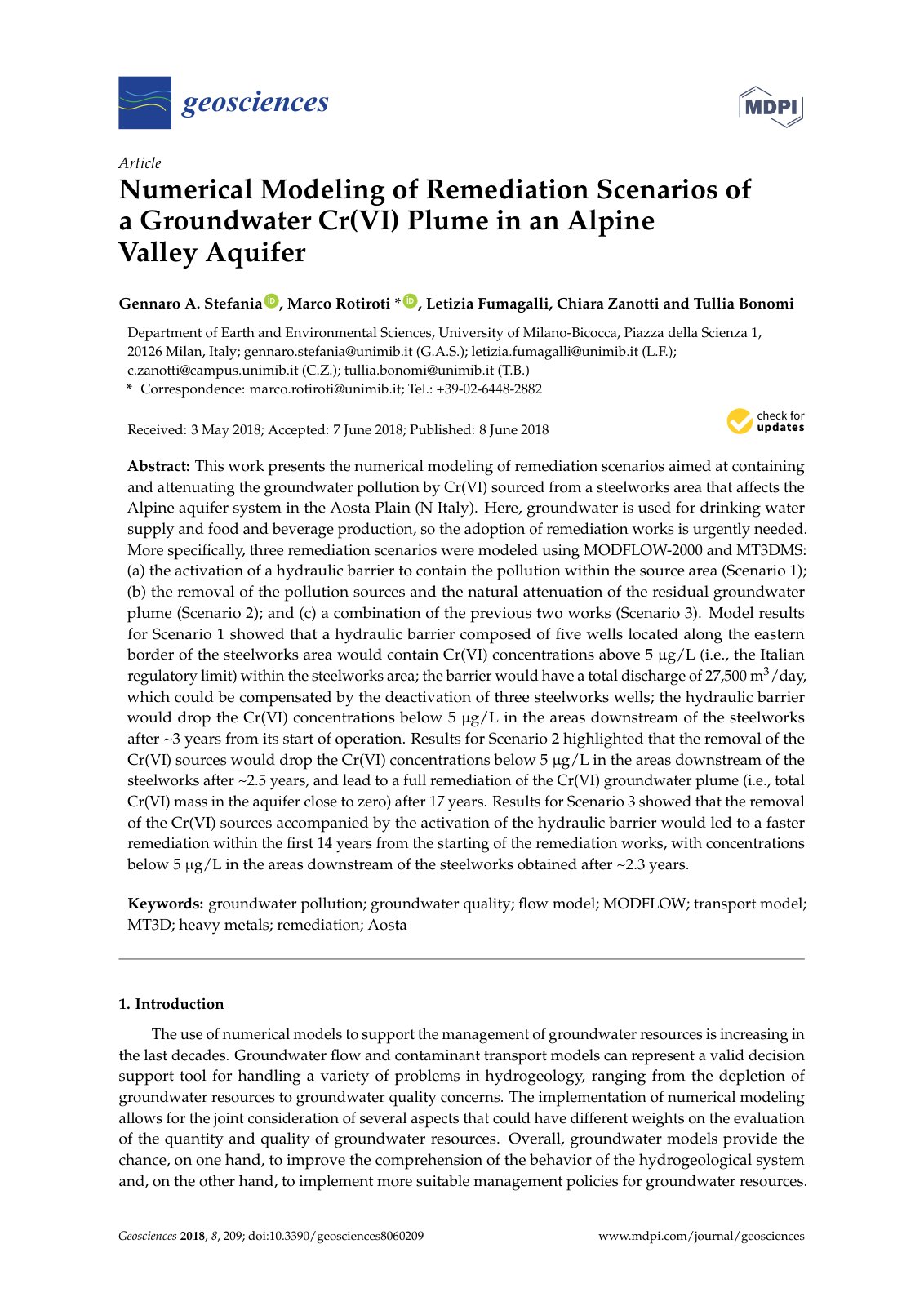 First page of Numerical Modeling of Remediation Scenarios of a Groundwater Cr(VI) Plume in an Alpine Valley Aquifer