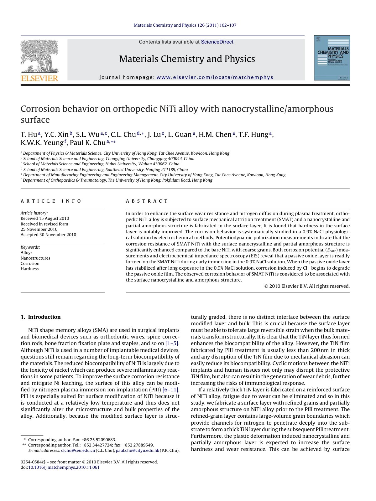 First page of Corrosion behavior on orthopedic NiTi alloy with nanocrystalline/amorphous surface