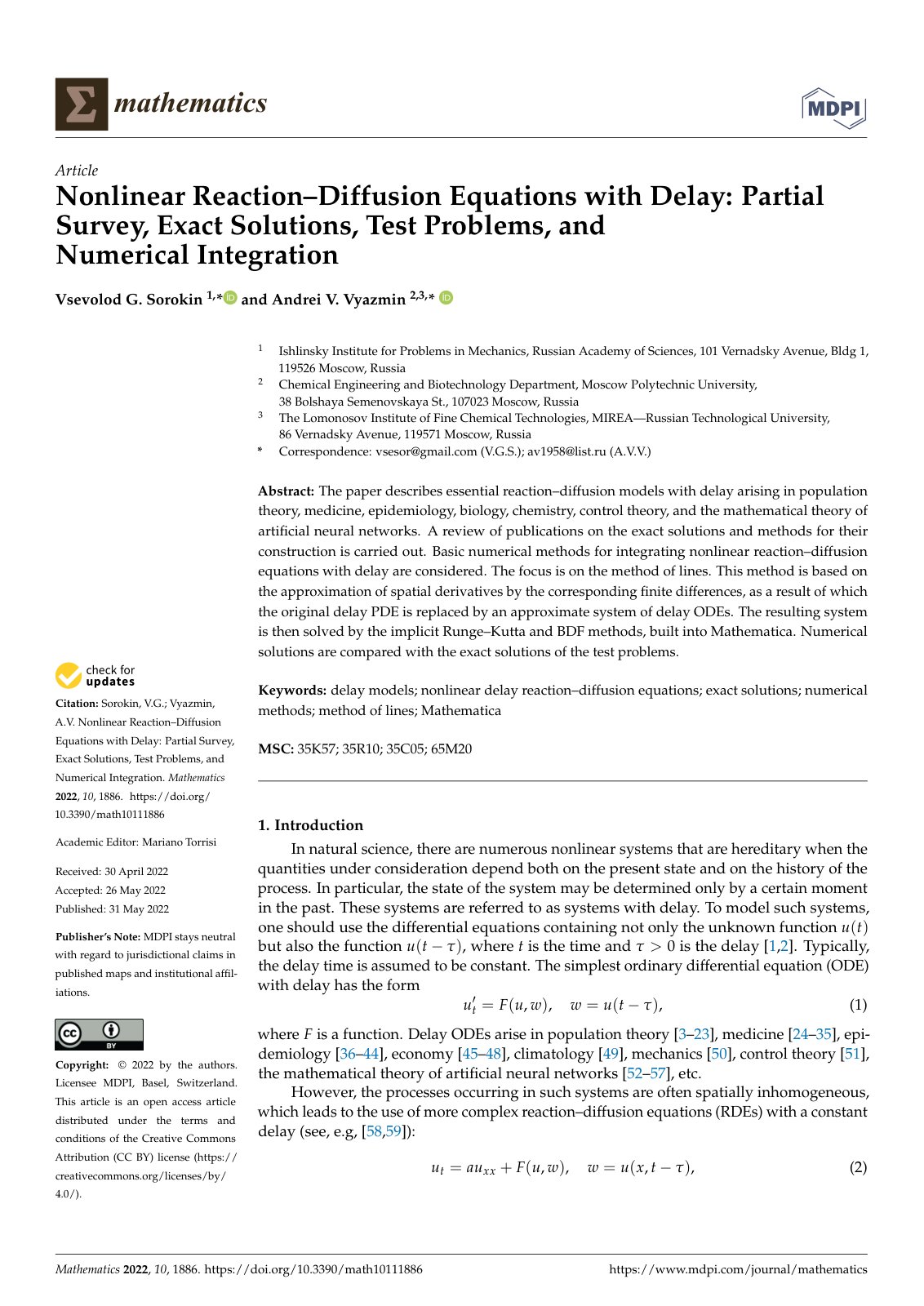 First page of Nonlinear Reaction–Diffusion Equations with Delay: Partial Survey, Exact Solutions, Test Problems, and Numerical Integration