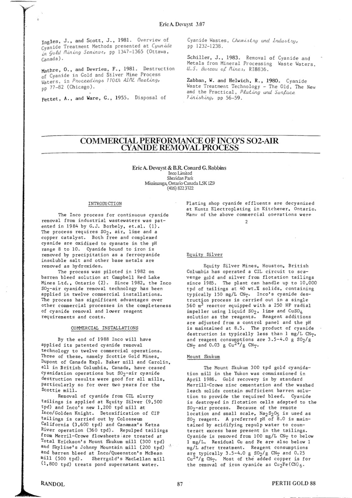 First page of Inco SO2 Air Cyanide Removal Process