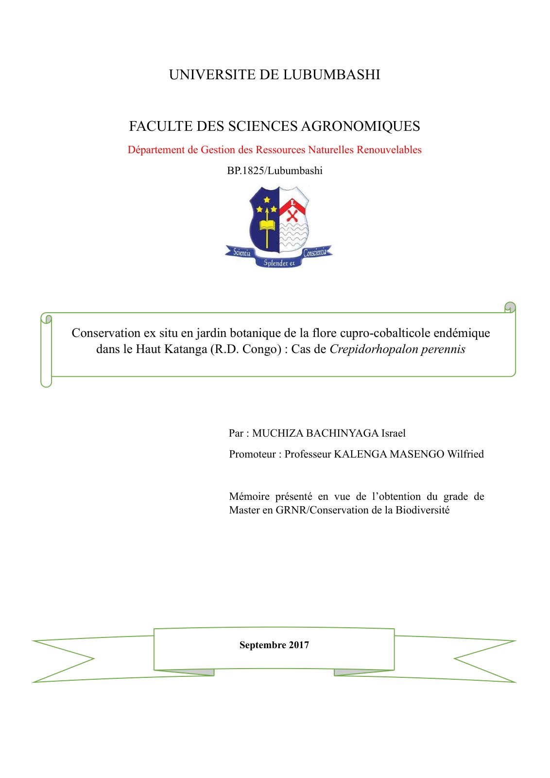 First page of MEMOIRE DE MASTER MUCHIZA BACHINYAGA ISR