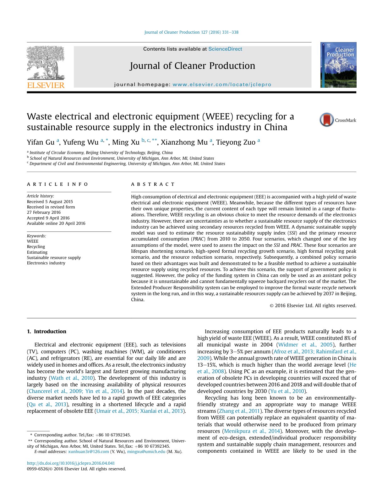 First page of Waste electrical and electronic equipment  WEEE  recycling 2016 Journal of C