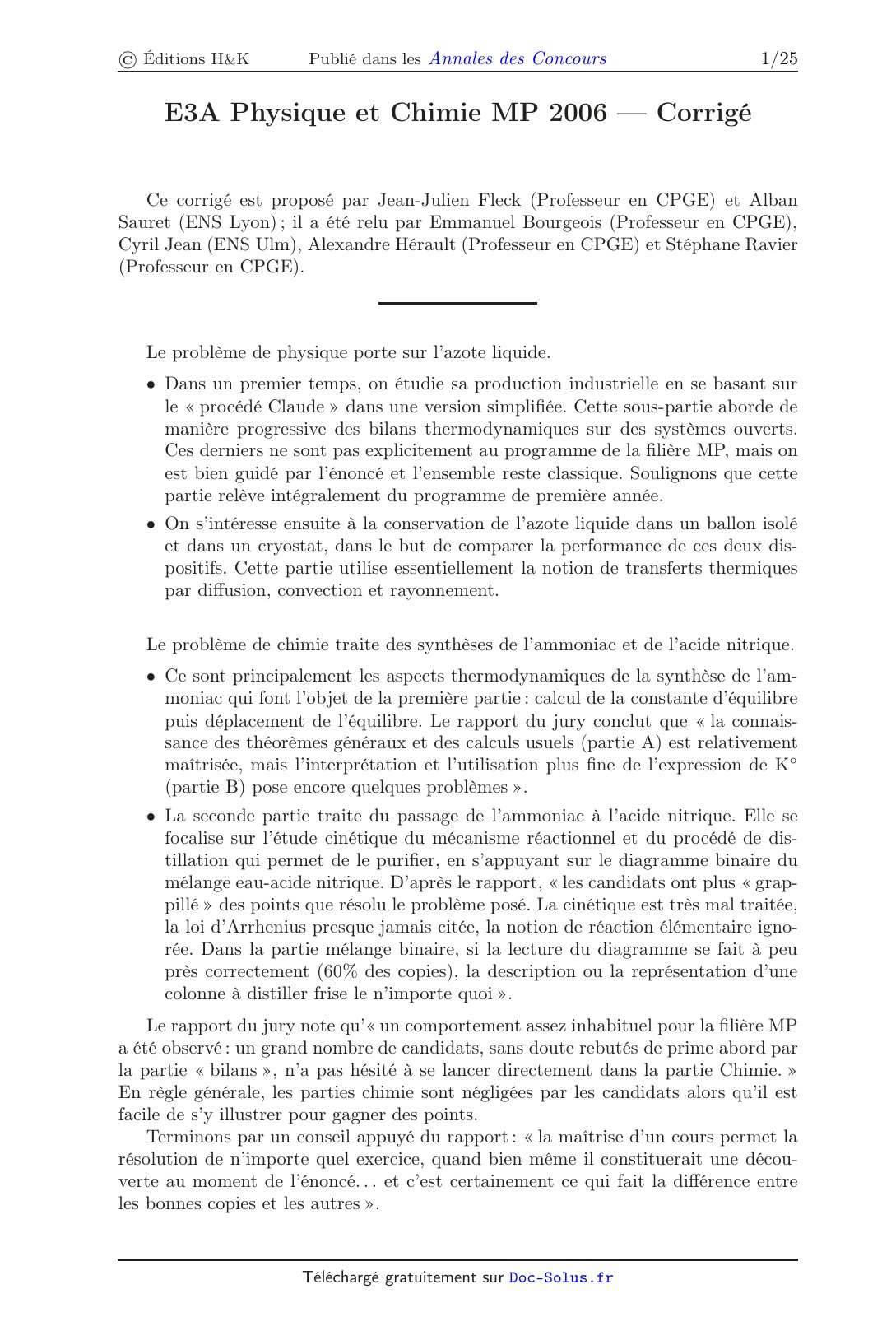 First page of E3A Physique et Chimie MP 2006 Corrige
