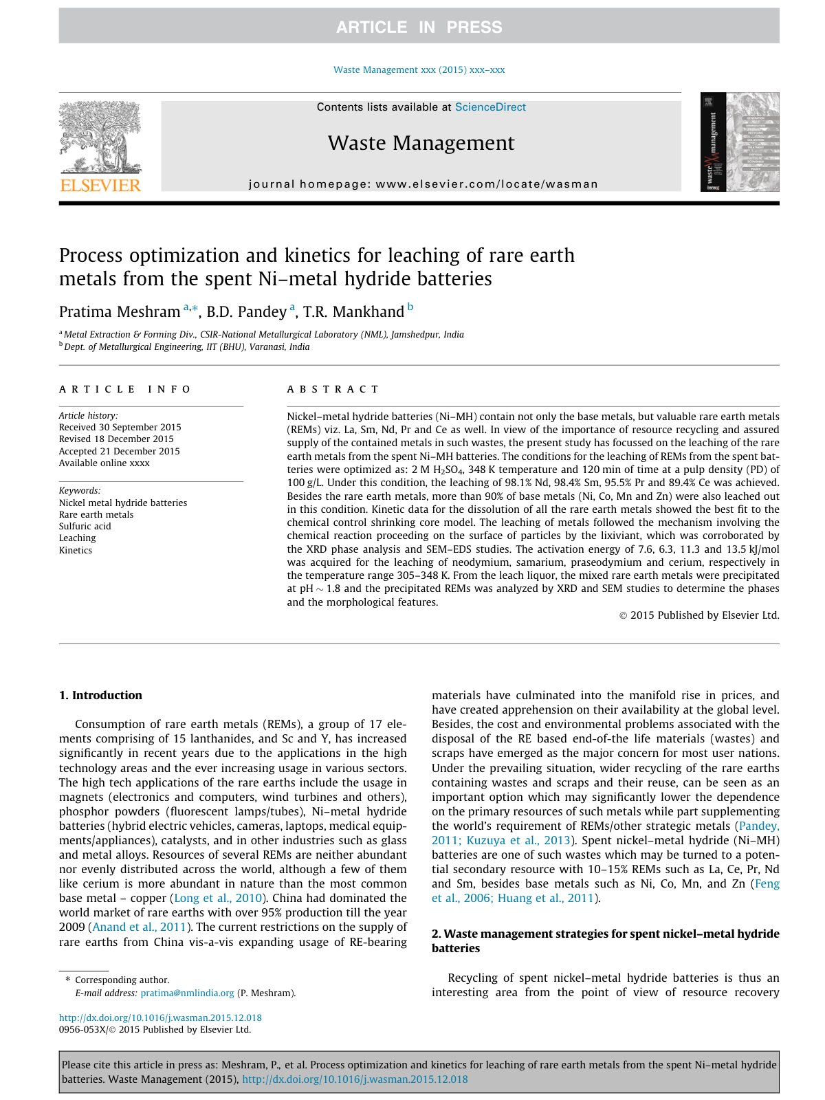 First page of Process optimization and kinetics for le