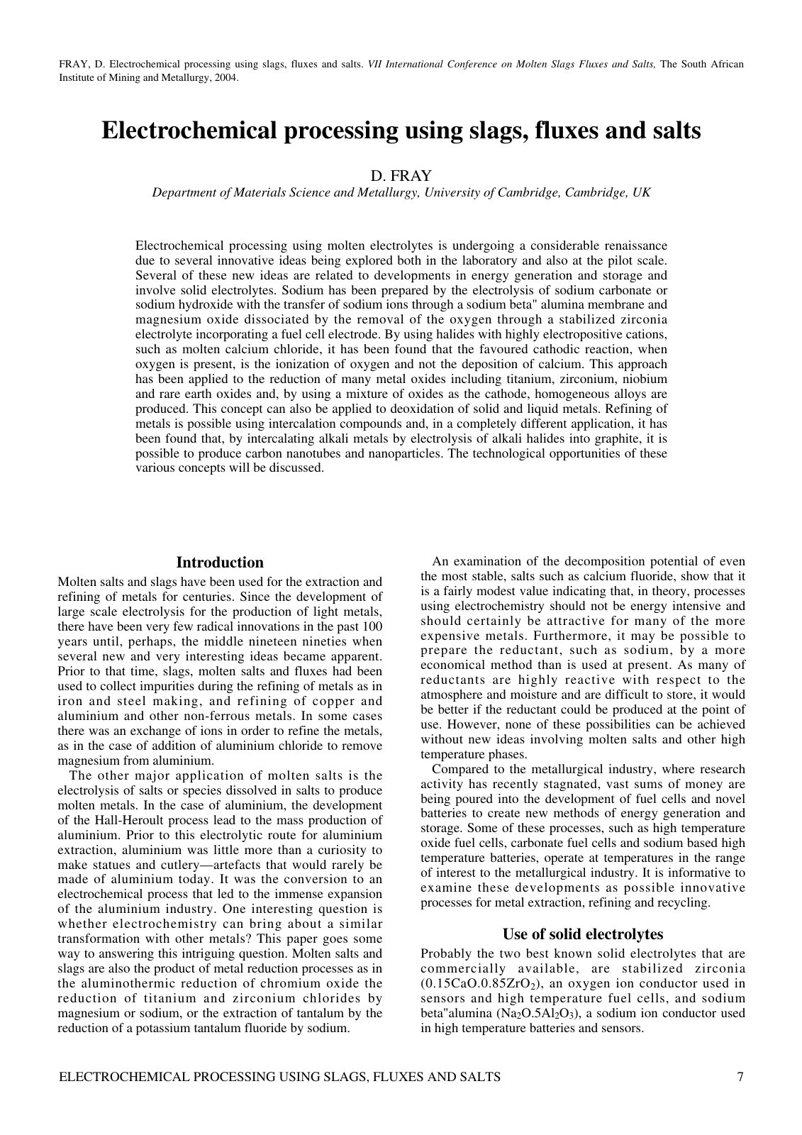First page of Electrochemical processing using slags, fluxes and salts